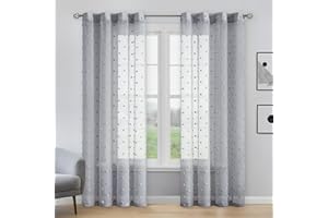 Beauoop Semi Sheer Window Curtains 84 Inches Long for Bedroom Living Room Pretty Pom Pom Dot Floral Voile Curtain Drapes Decorative Grommet Top Window Treatment Set, 2 Panels, 54 x 84 Inch, Grey