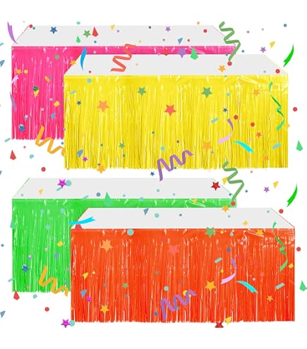 6 Pack Glow In The Dark Tinsel Table Skirts - 31.5x118" Neon Fringe For UV Blacklight Parties