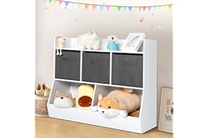 Rengue Toy Storage Organizer with 3 Removable Drawers, Kids Multi Shelf Cubby Bookshelf, Floor-to-Ceiling Multifunctional Storage Toy Cabinet for Children's Rooms, Playrooms and Kindergartens