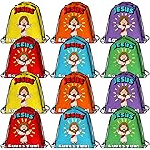 Bulyoou 24 Pcs Religious Drawstring Bags Bulk Christian Gift Bags, Jesus Loves You Vbs Backpacks for Sunday School, Bible Drawstring Backpack Graduation Church Camp Party Favors