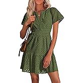 PRETTYGARDEN Womens 2026 Summer Short Dress V Neck Short Sleeve A Line Hollow Out Lace Ruffle Cute Casual Beach Party Dresses