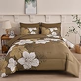 Luxudecor Floral Comforter Set Queen Size, 7 Pieces Bed in a Bag Brown Floral Comforter and Sheet Set, Soft Microfiber Complete Bedding Sets for All Seasons