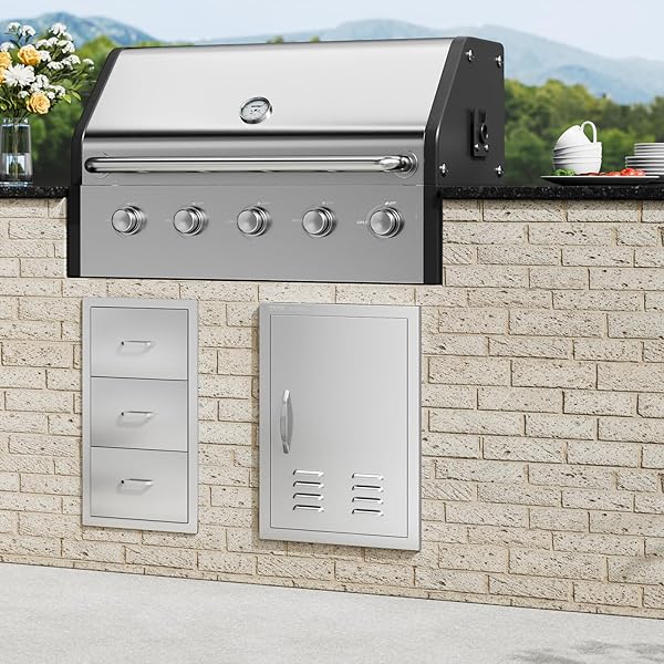 VEVOR BBQ ACCESS DOOR, 17W X 24H INCH SINGLE OUTDOOR KITCHEN DOOR, STAINLESS STEEL FLUSH MOUNT DOOR, WALL VERTICAL DOOR WITH HANDLE, VENTS AND HOOK, FOR BBQ ISLAND, GRILLING STATION, OUTSIDE CABINET