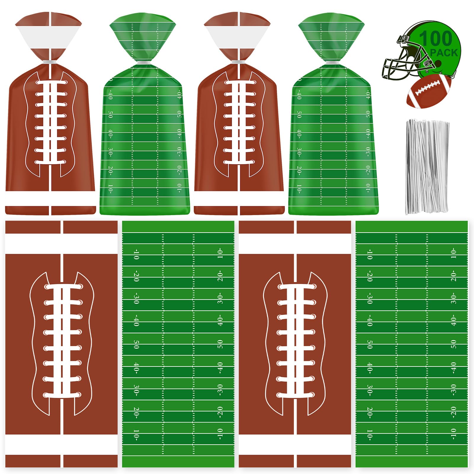 Photo 1 of 100 Pcs Football Goodie Bags - Brown Green Football Treat Bags, Plastic Rugby Sport Cellophane Snack Gift Candy Goody Bag with Silver Twist Ties for Sports Team Events Birthday Party Favors Supplies