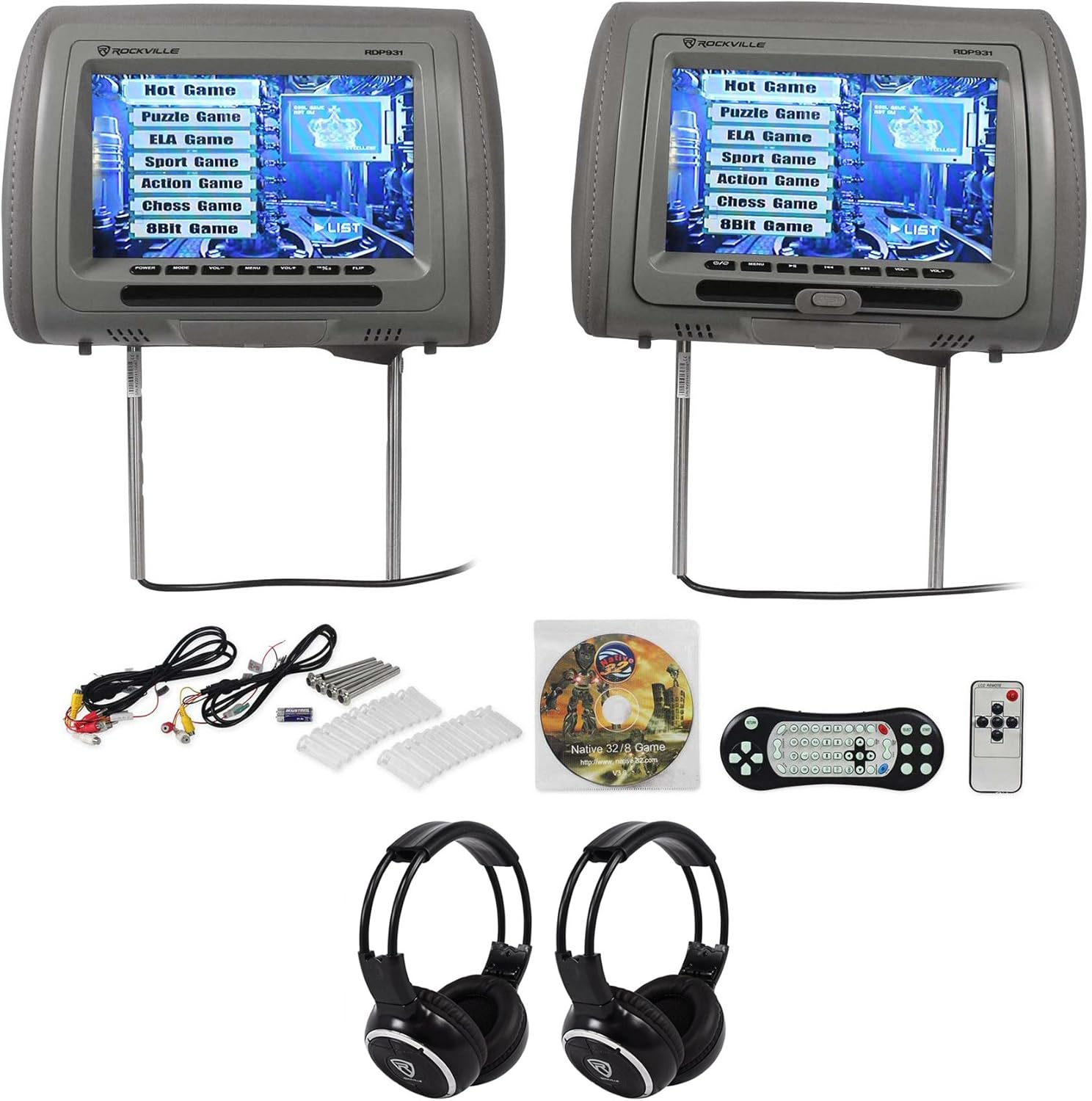 Rockville RDP931-GR 9” Grey Car DVD/HDMI Headrest Monitors+2 Wireless Headsets