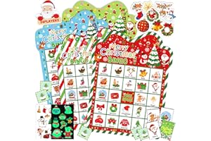 Bolake 43Pcs Christmas Bingo Games for Kids Adults 24 Players Christmas Bingo Cards with Reward Stickers Christmas Tattoos for Kids Glow in The Dark for Family Party School Indoor Games Activities