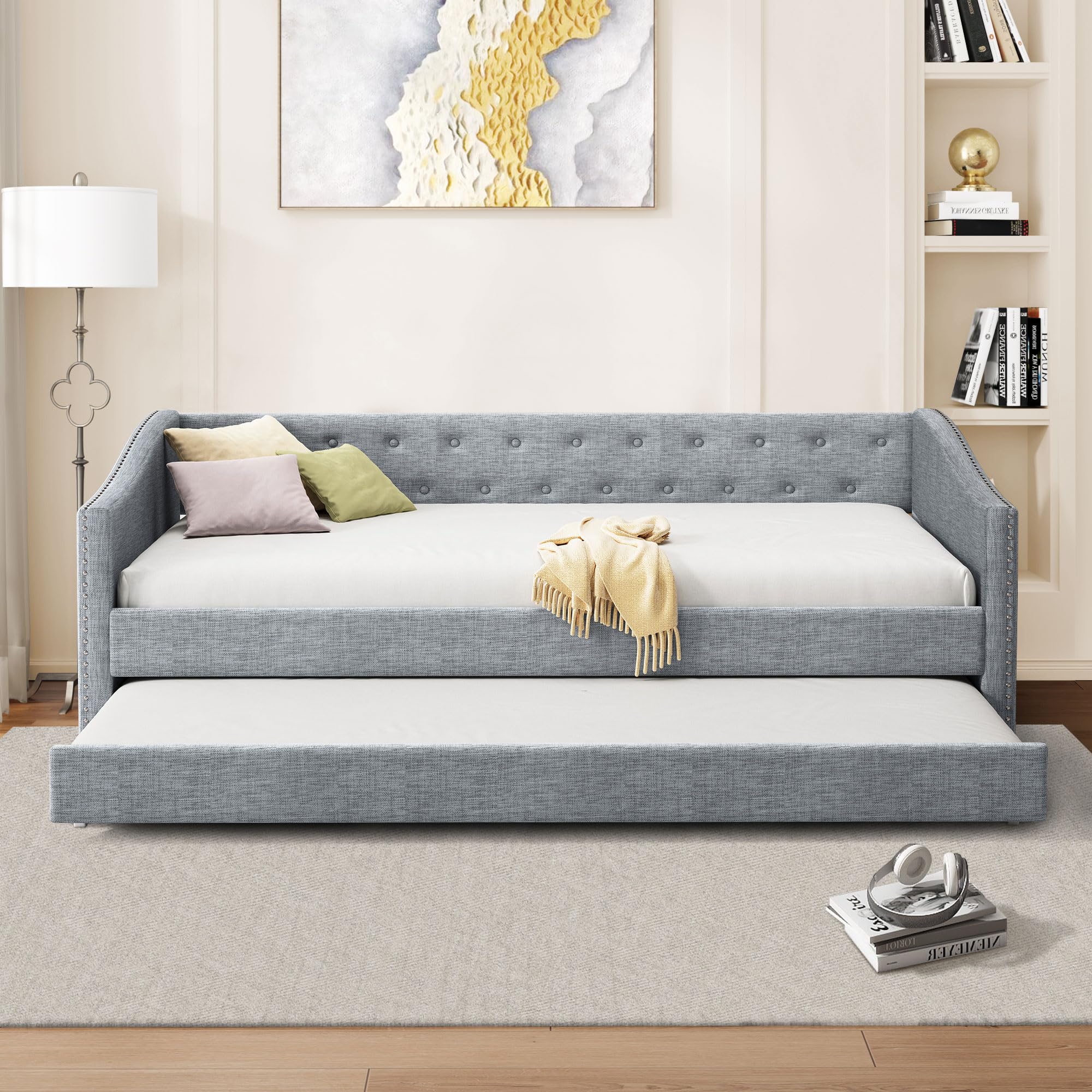 Photo 1 of *MISSING BEDFRAM AND TRUNDLE* Ball & Cast Twin Size Upholstered Tufted Daybed with Twin-Size Trundle, Bed Frame w/Button Tufted Back and Waved Shape Arms,for Bedroom,Guest Room,Apartment,Light Grey
