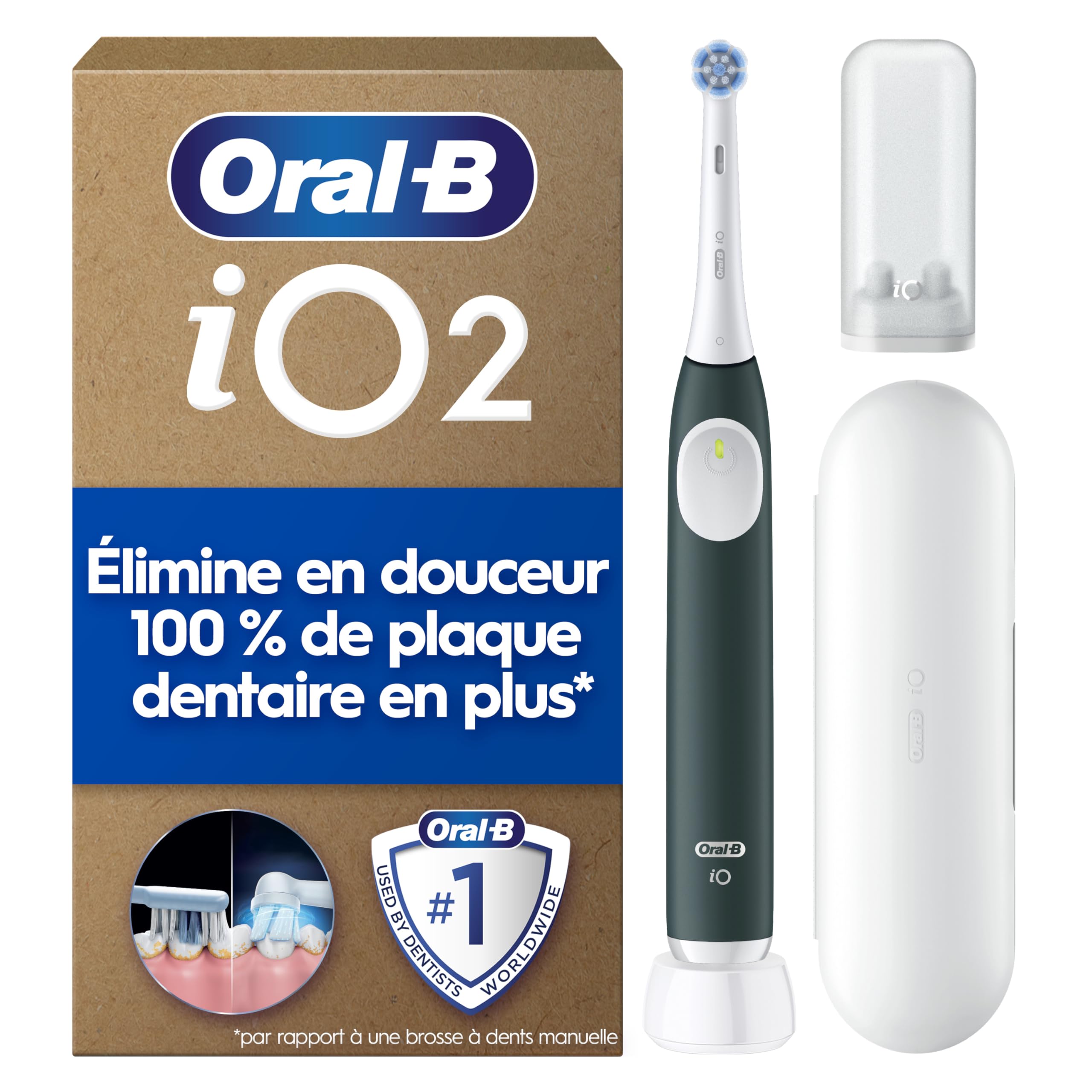 Oral-B iO 2 Brosse A Dents Electrique Vert Forêt Pour Adultes, 3 Modes De Nettoyage, Doux Pour Les Gencives, Brossage Souple, Accessoires, Brossette Oral B De Rechange, Chargeur, Etui De Voyage