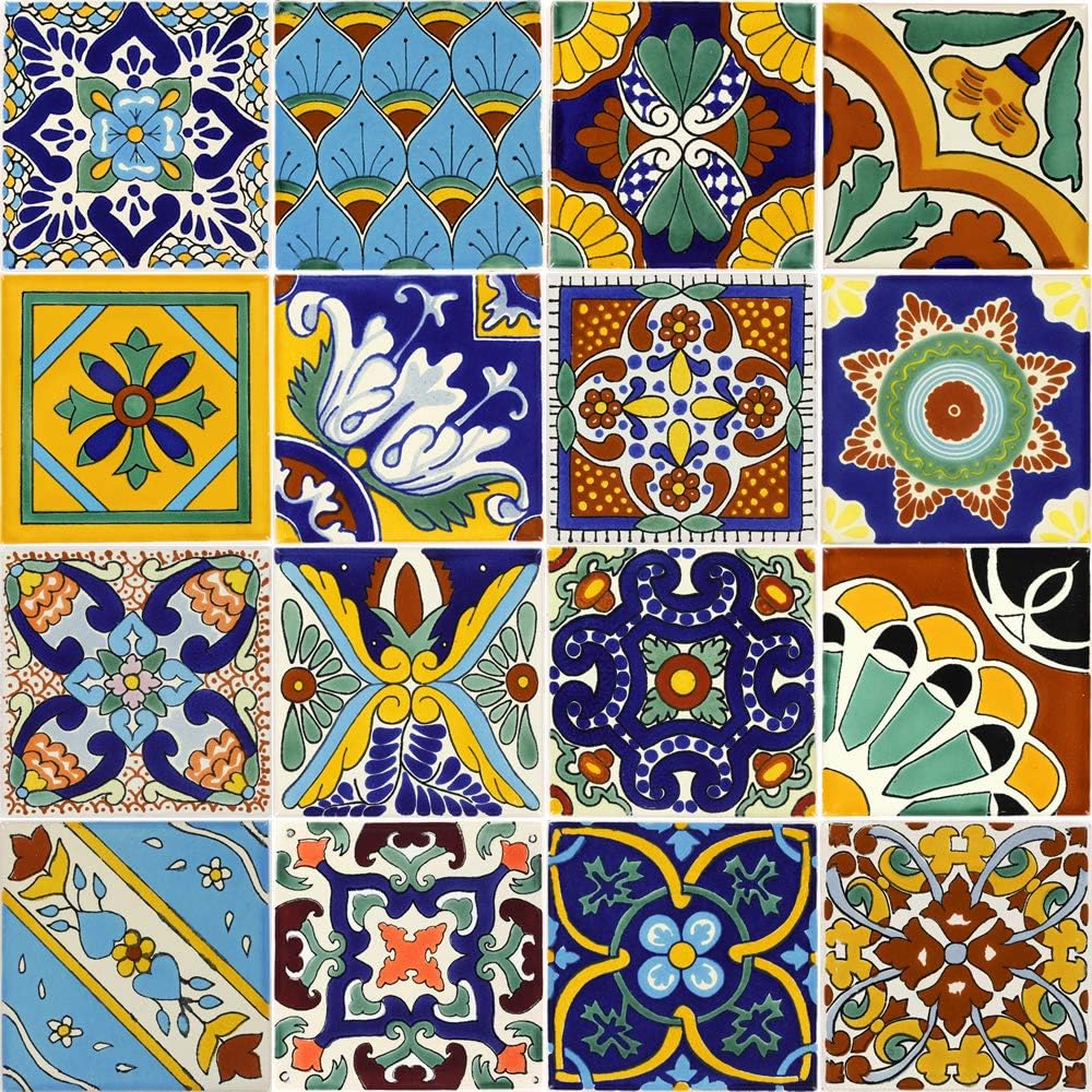 Tile Set of 16 Individual 4¼ x 4¼ Mixed Ceramic Talavera Mexican Tiles