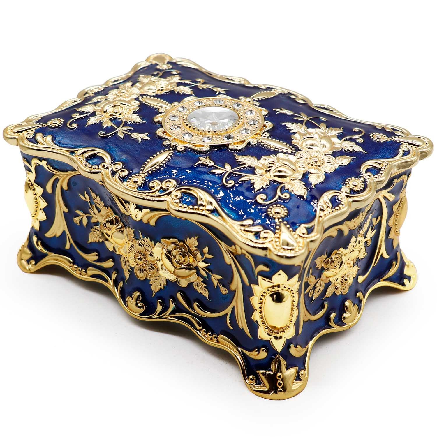 AVESON Luxury Vintage Rectangle Metal Alloy Jewelry Box Trinket Organizer Storage Box with Rose Pattern for Women, Girls, Two-Layer Design, Gold & Blue