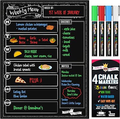Chalky Crown Meal Planner Board Magnetic Dry Erase for Fridge Black