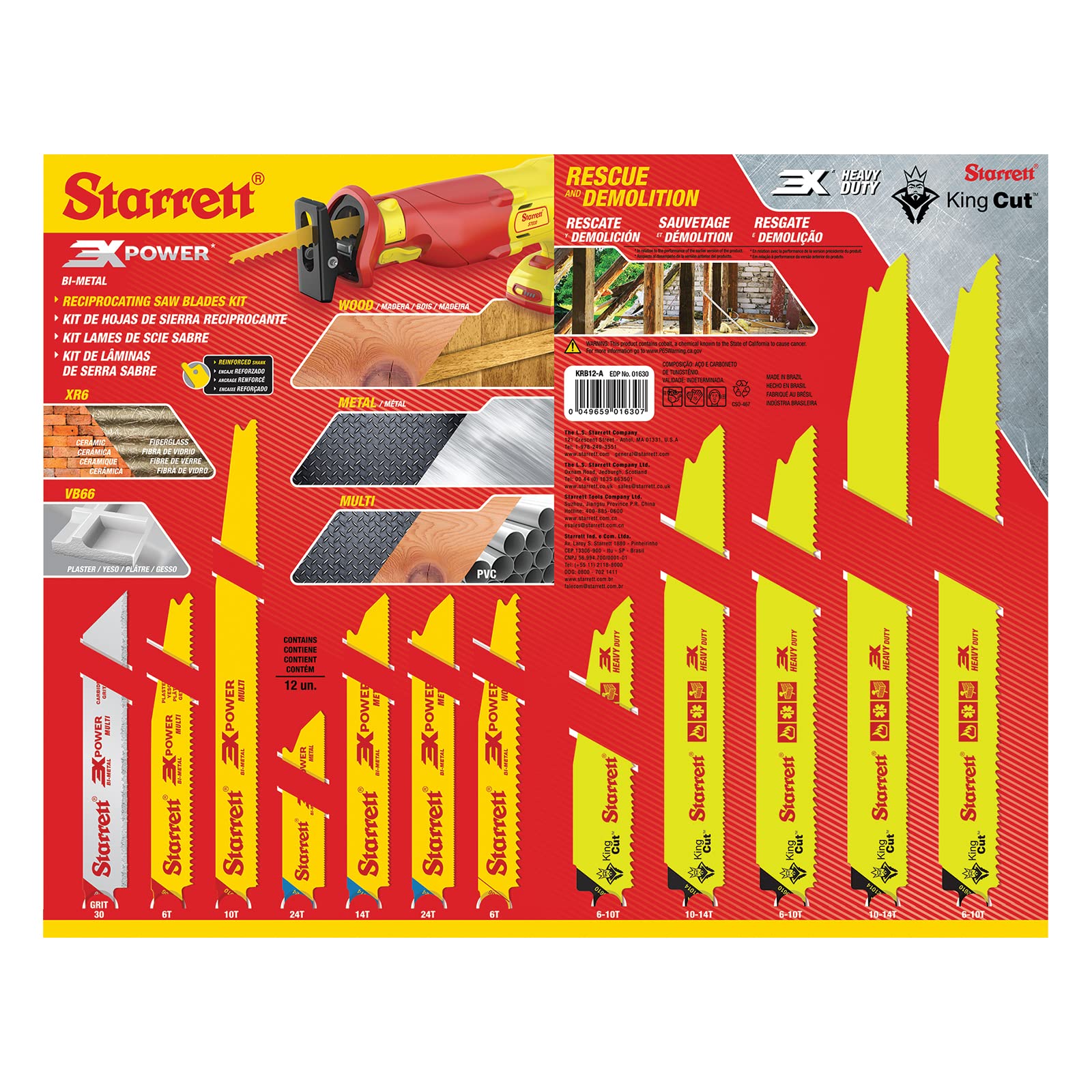 Starrett Bi-Metal & Carbide Grit Reciprocating Saw Blades Assortment Pack - KRB12-A - WOOD, METAL, MULTI-USE and HEAVY DUTY CUTTING (12 Blades)