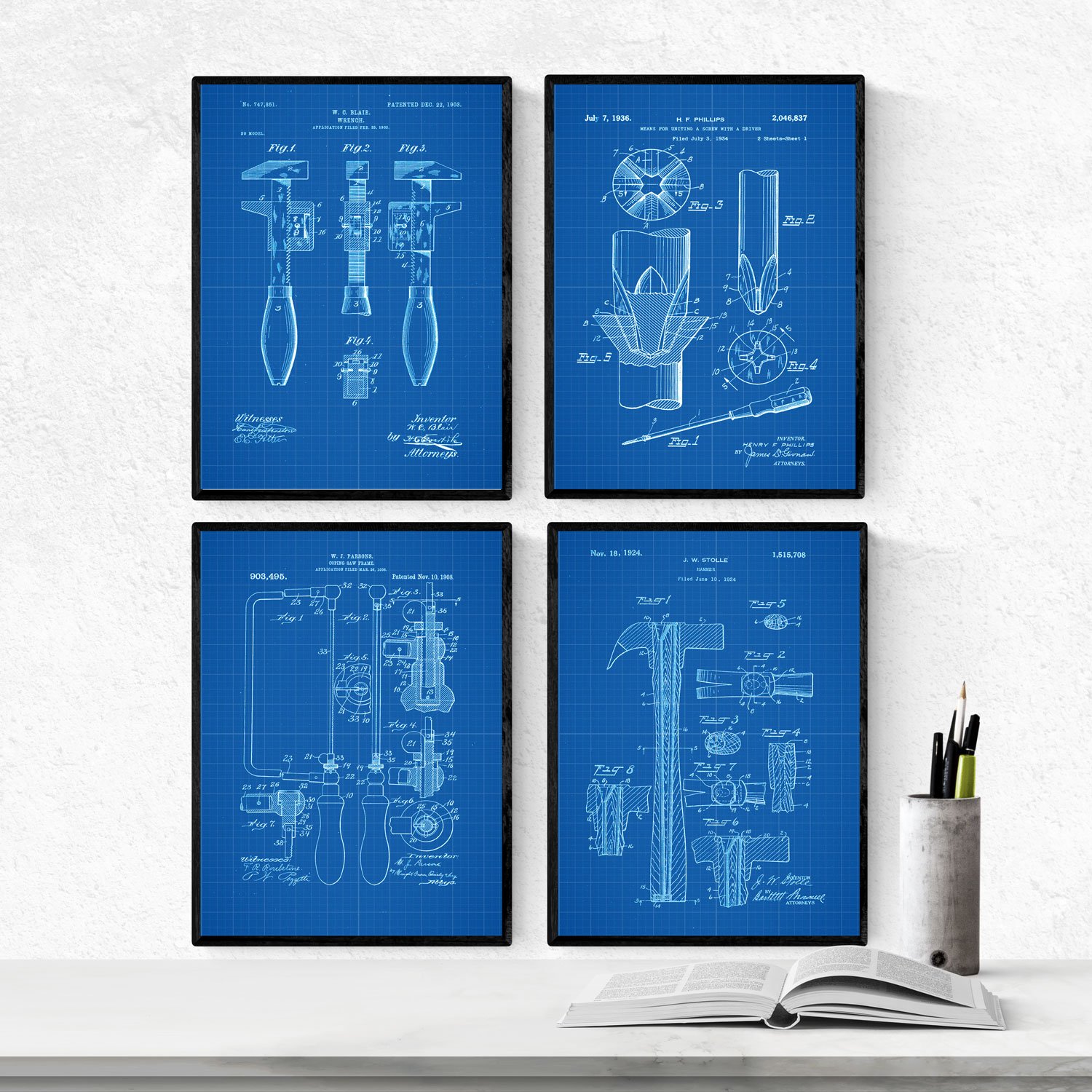 Nacnic BLUE - Pack of 4 sheets with tool patents. Set posters with inventions and old patents. Choose the color you like. Printed on 250 grams