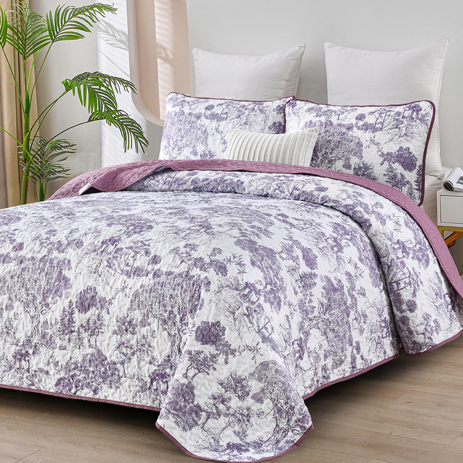 WONGS BEDDING Botanical Quilt Set King Size, Purple 3 Pieces Toile Floral Plants Printed Bedspread Bedding Set Soft Lightweight Microfiber Coverlet Set for All Season (104"x90") Image