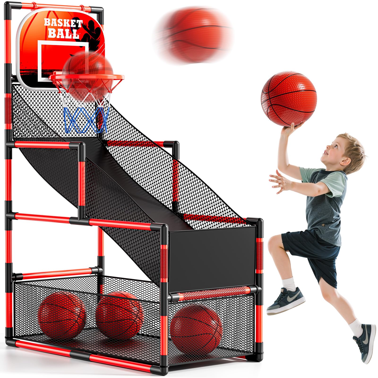 Photo 1 of NIPLOOOW Arcade Basketball Game Set for Kids 3-12 Years Old, Kids Basketball Hoop with 4 Balls & Pump, Indoor Outdoor Sports Play Toys, Basketball Games Toys, for Boys Girls Teens