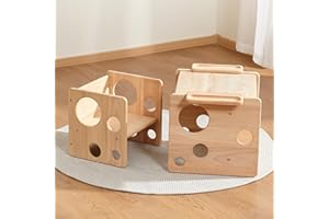 Woodtoe Kids Table and Chair Set, Montessori Weaning Table and Chair Set for Toddler, Natural Solid Wooden Activity Table Cube Chair for Drawing Reading, Montessori Playroom Furniture for Children