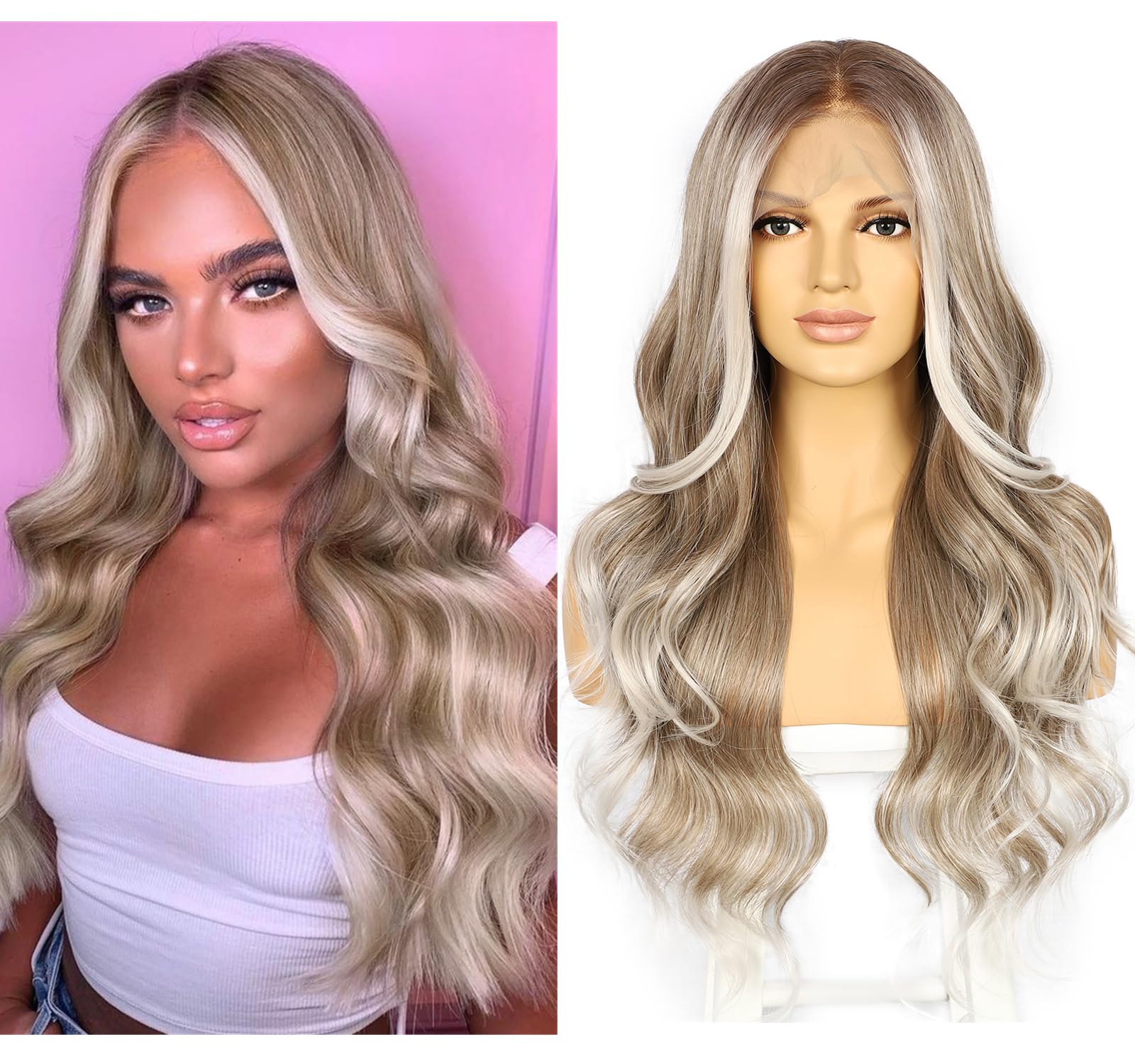 Sapphirewigs 13x4 Lace Front Wig Synthetic Body Wave Grayish Brown Balayage Synthetic Lace Front Wigs for Women Party Date Daily Wear Christmas Natural Looking 26 inch — image 1