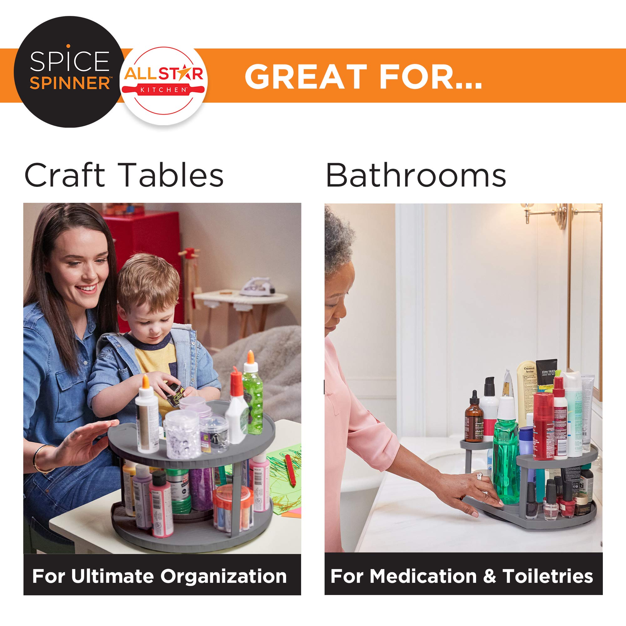 Allstar Innovations Spice Spinner Two-Tiered Spice Organizer & Holder That Saves Space, Keeps Everything Neat, Organized & Within Reach With Dual Spin Turntables- Grey