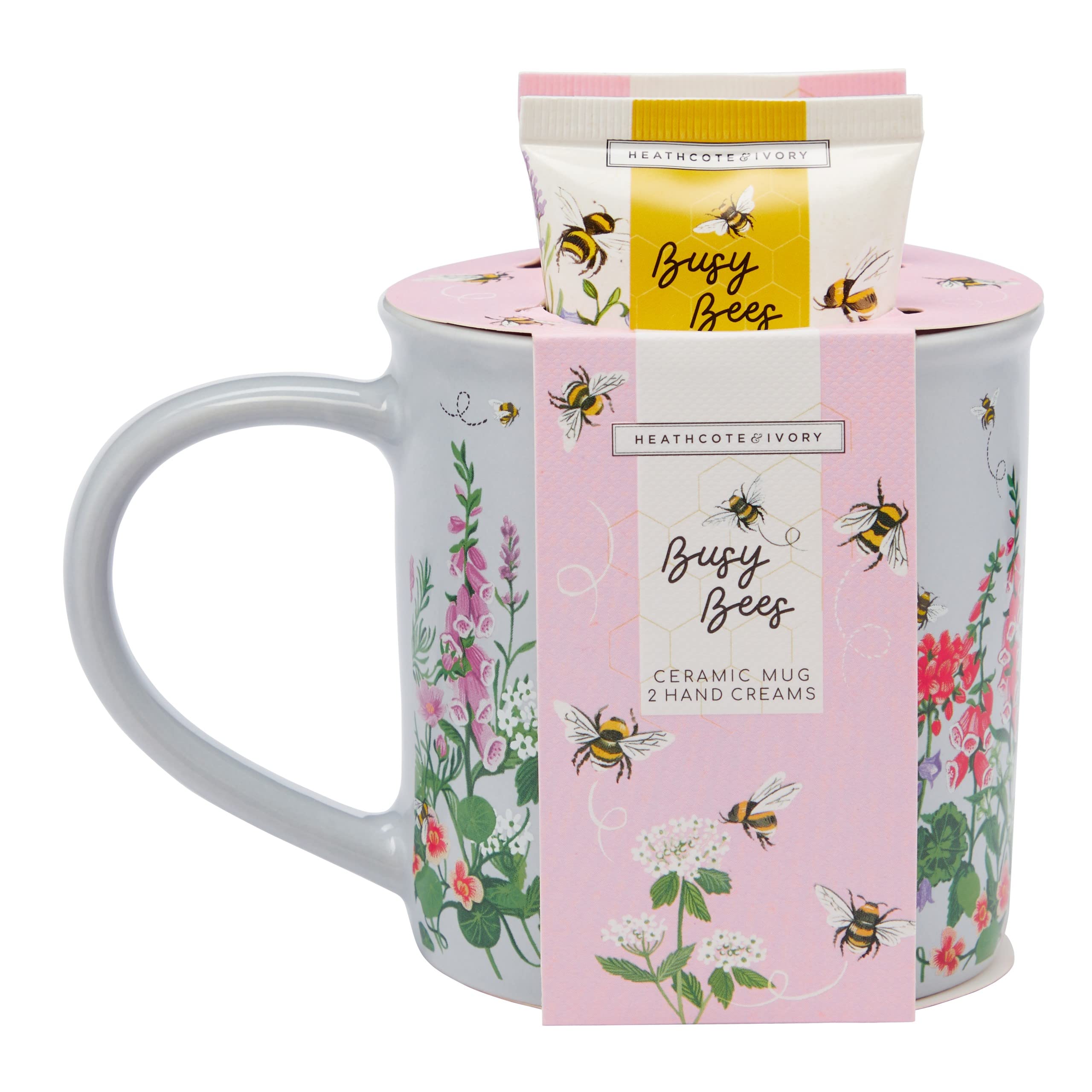 Heathcote & Ivory Hand Cream x2 50ml, Ceramic Mug For Tea or Coffee, Moisturiser, Shea Butter, Floral Fragrance, Travel Size, Vegan and Cruelty Friendly, Gift For Her, Housewarming Gift