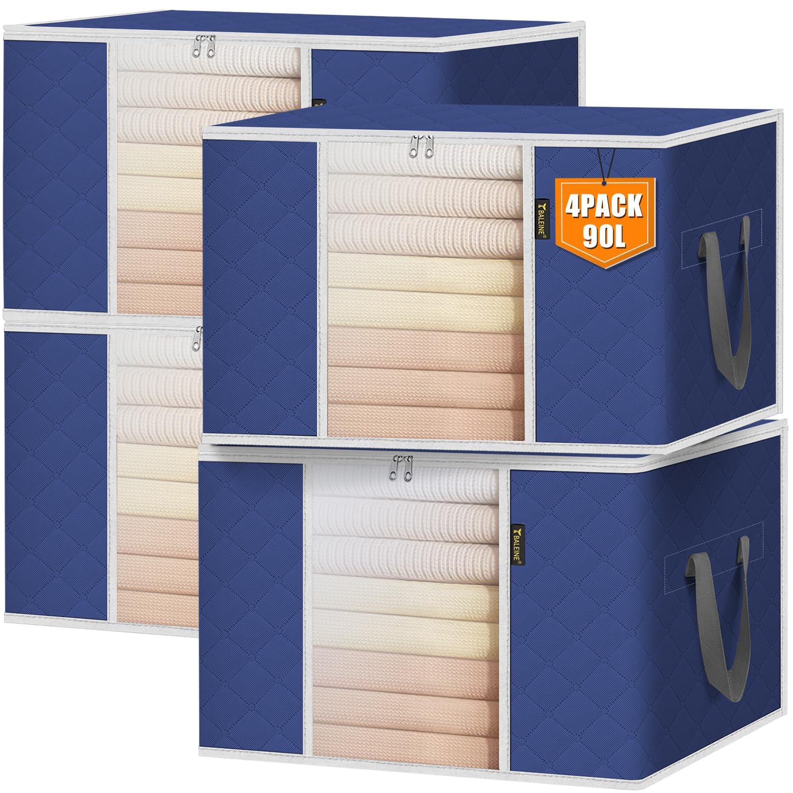 BALEINE 4 Pack Clothes Storage Bags, 24 Gallon Storage Containers with Reinforced Handle, Sturdy Zipper, Closet Organizer for Blanket, Comforter, Pillow, Bedding (Blue, 4 Pack)