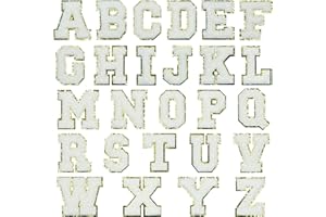 Jongdari Chenille Letter Patches Self Adhesive Letters,Iron on Letters for Clothing, 26pcs Varsity Fuzzy Patch Letters Glitter Stick on Letters - White