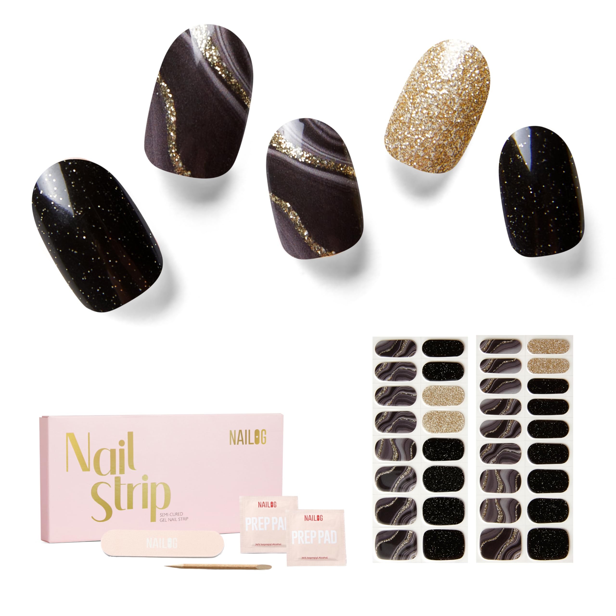 Nailog Semi Cured Gel Nail Strips 34 pcs | Buy 2 Get 1 UV Lamp | Long Lasting Nail Polish Sticker Wraps with Glossy Gel Finish (Drifted)