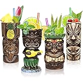SuproBarware Tiki Mugs Set of 4– Ceramic Hawaiian Party Mugs Large Drinkware, Tiki Party Cups for Cocktails, Tropical Barware Drinks for Exotic Party - TJB02 (4pcs)