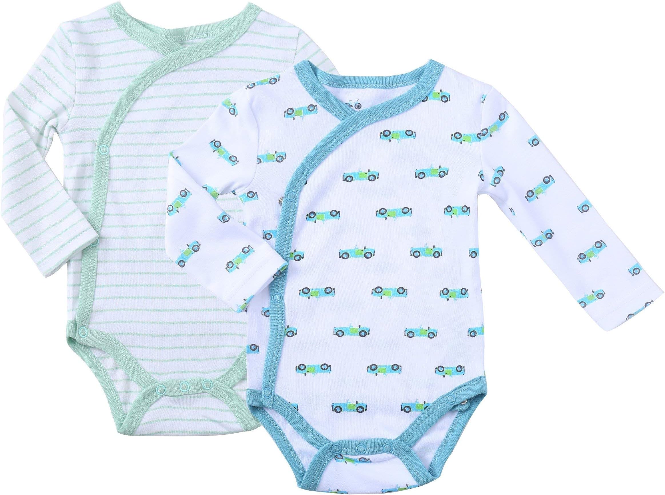 Baby Boy's 3-Pack Long-Sleeve Kimono Bodysuit Set -Side Snap Onesie Infant Bundle.
