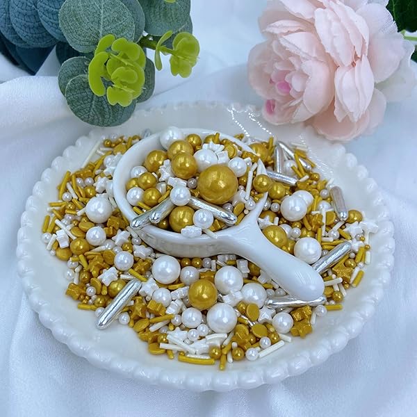 WHITE DELUXE GOLD SPRINKLES FOR CAKE DECORATING 4 OUNCE – SUGAR MIX PEARL SPRINKLES FOR CUPCAKE TOPPERS, ICE CREAM, CANDY, COOKIE DECORATIONS – HOLIDAY PARTY SUPPLIES