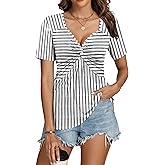 ETCYY Summer Tops for Women Trendy Front Knotted V-Neck Short Sleeve T Shirts Baby Doll Ladies Tunic Top Loose Casual Blouses