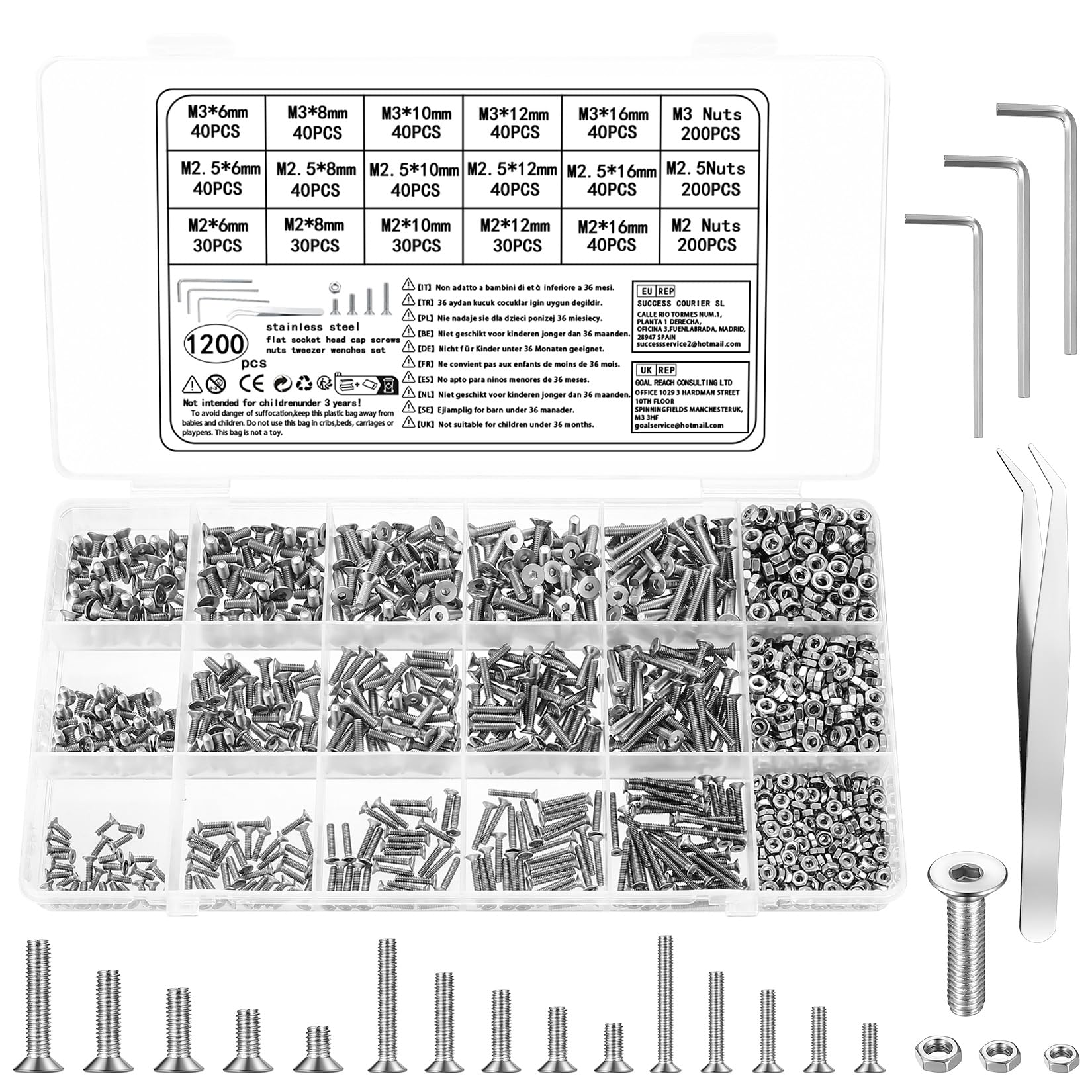 wugongshan 1200 Pcs M2/M2.5/M3 Countersunk Head Screws Bolts and Nuts Set, Flat Head Hex Socket Head Cap Machine Screws Bolts and Nuts Kit for Furniture Baby Crib Headboards Chairs