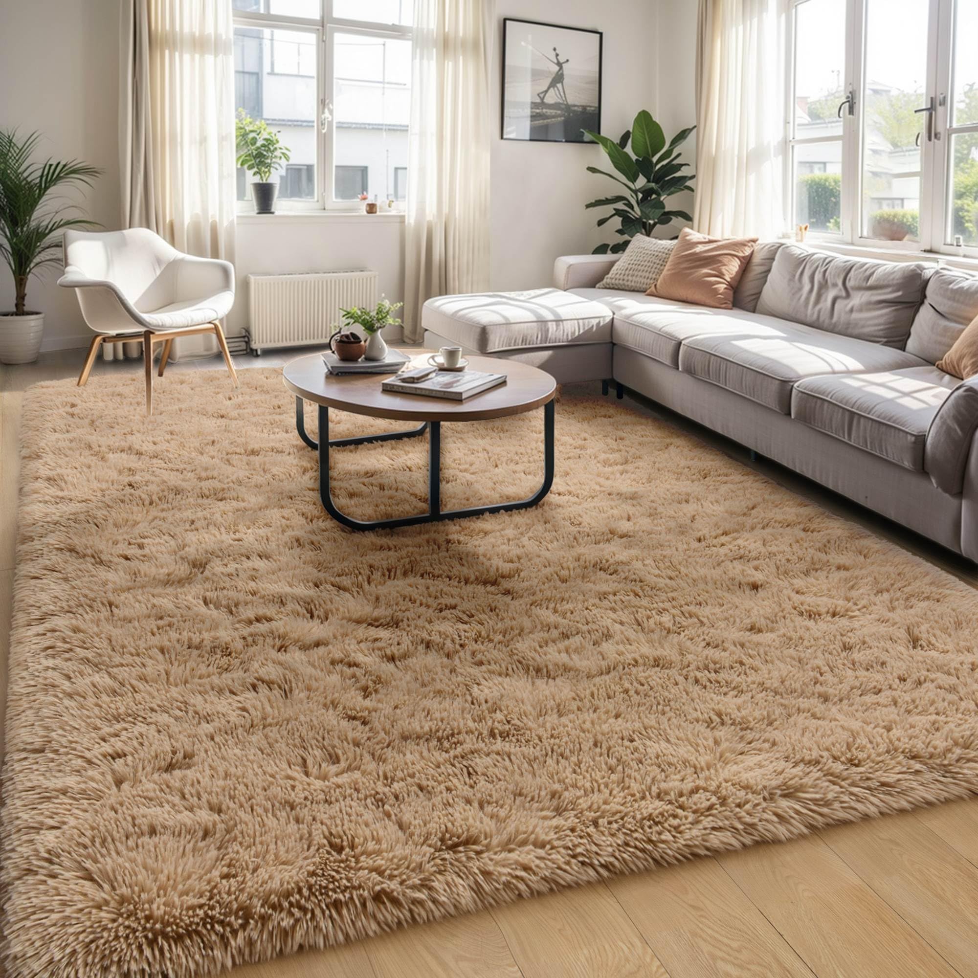 Photo 1 of ULTSOFE 5x8 Fluffy Soft Beige Rug for Living Room Bedroom, Large Area Rugs Super Soft Shaggy Carpet for Classroom Kids Babys Playroom Toddler Nursery Dorm Home, Modern Indoor Non Slip Rug
