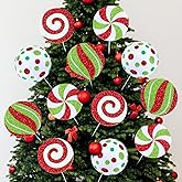 Threehoney 12 Pcs Christmas Tree Peppermint Picks Indoor Large, 8 in Large Double Sided Lollipop Candy Cane Xmas Tree Topper, Red and Green Glittering Candy Pick, Home Office Holiday Party Vase Decor