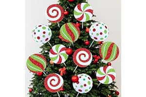 Threehoney 12 Pcs Christmas Tree Peppermint Picks Indoor Large, 8 in Large Double Sided Lollipop Candy Cane Xmas Tree Topper, Red and Green Glittering Candy Pick, Home Office Holiday Party Vase Decor