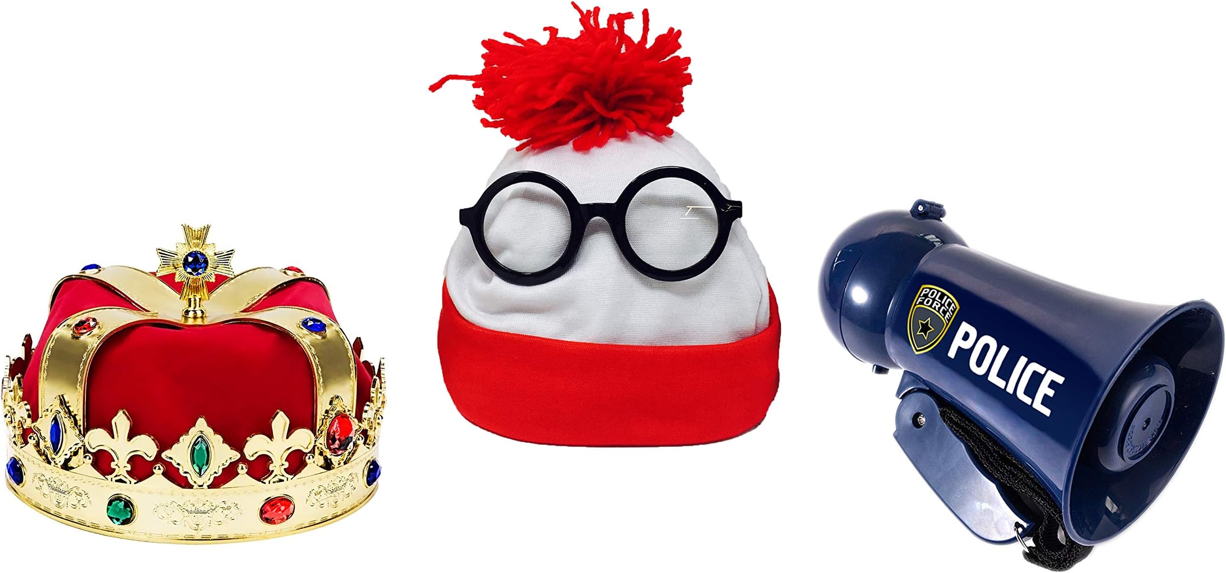 Toy Goodkids Kids Party Costume Bundle - 3-Piece Set Kings Crown, Beanie with Nerd Glasses and Megaphone for Kids - Knitted Fabric Red White Waldo Inspired Holiday - Voice Changer for Kids and Crown