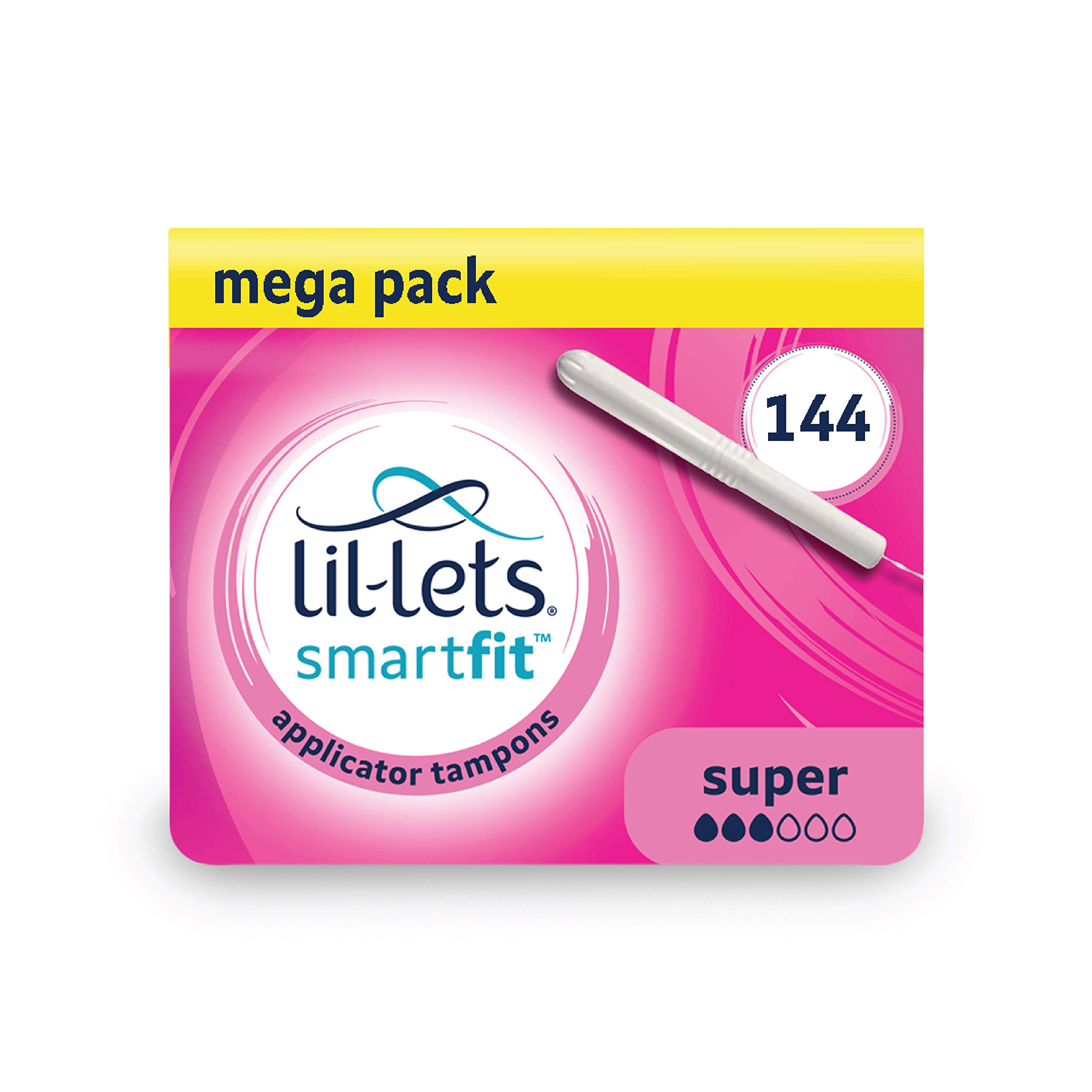 Lil-Lets Cardboard Applicator Super Tampons X 144, (12 Packs of 12 Tampons), Medium to Heavy Flow, 3 Droplets, SmartFit Expanding Applicator Tampon, Fragrance Free