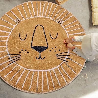 Rururug Cartoon Round Rug Kids Playmat Brown Lion Non-Slip 100CM