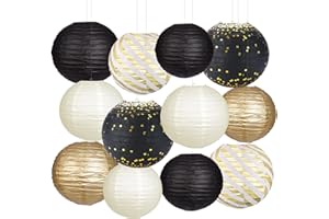 YUNXUAN Paper Lanterns Party Decorations, Black and Gold Hanging Paper Lanterns for Graduation Anniversary New Years Birthday Party Decor Pack of 12 (Black/Gold)