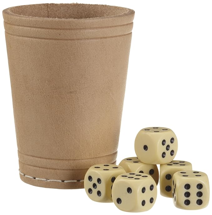 Lederwürfelbecher mit 6 Würfeln im Polybag