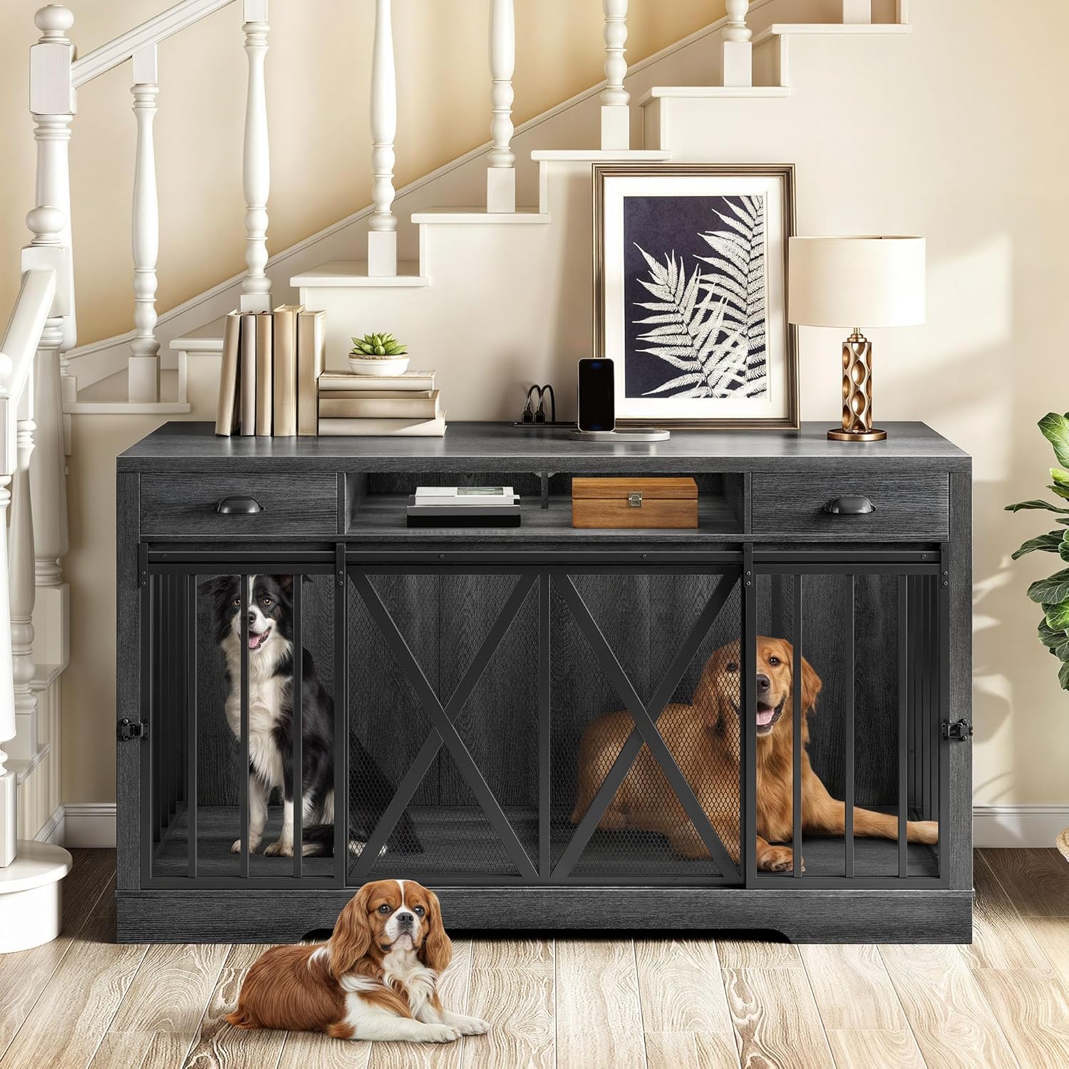 Photo 1 of *PARTIAL SET* 
YITAHOME 63 Inch Double Dog Crate TV Stand with Power Outlet, Heavy Duty Wooden Cage Furniture for 2 Dogs, Dog Kennel Indoor Furniture Double Sliding Barn Door Design Ideal for 2 Dogs, Dark Grey