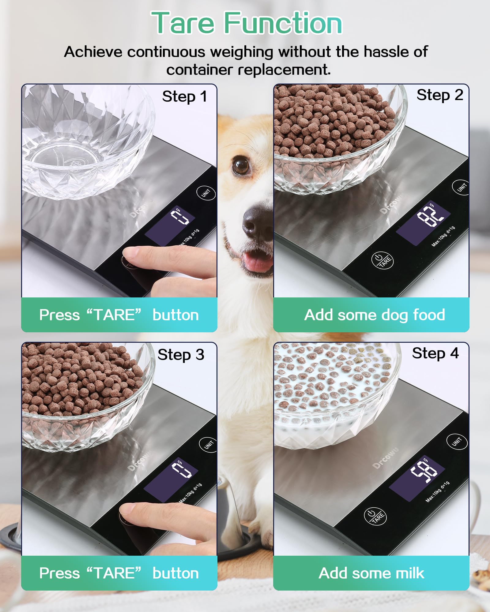 Drcowu Küchenwaage Digitale 10 kg, Waage küche Digital mit LCD-Anzeige, Multifunktions-Lebensmittelwaage, Hohe Präzision auf bis zu 1g, Tara-Funktion, 6 Einheiten, zum Kochen Backen 5