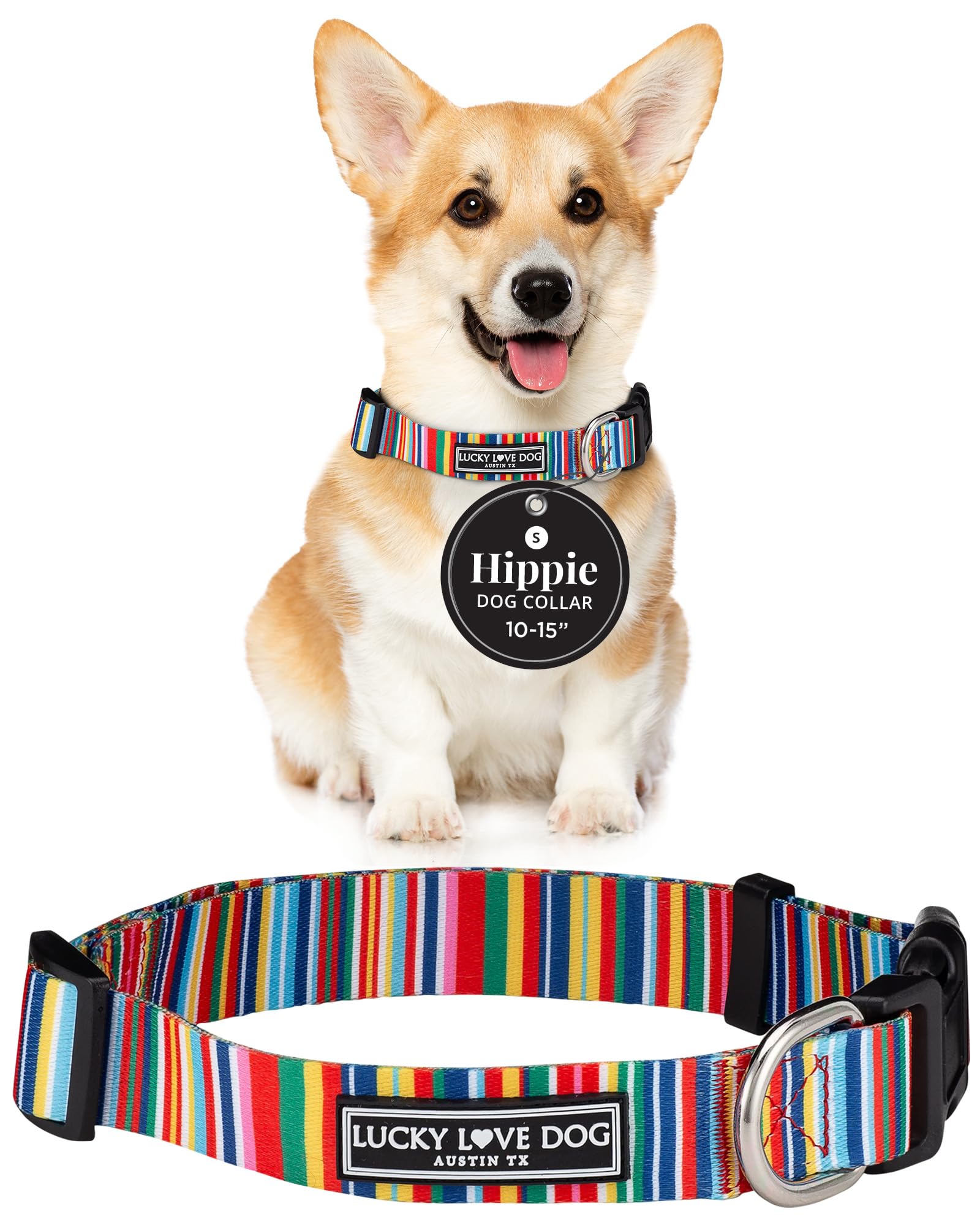 Lucky Love Dog Collars, Rainbow Stripes Pattern Dog Collar for Small Dogs, Comfortable & Soft Cute Girl or Boy Dog Collar, Hippie, Small… — image 1