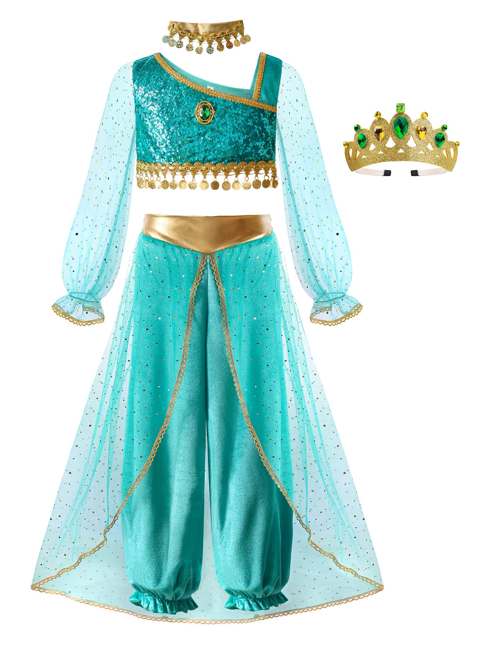 ReliBeauty Princess Cosplay, Halloween, Costume, Children, Girls, Princess, Costume, Birthday, Christmas, Gift, Tiara, Choker, 4-piece Set, Green