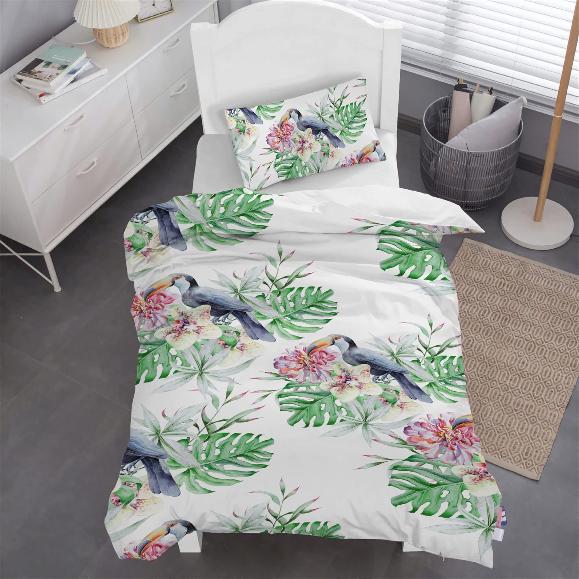 HOMHOMHA Palm Leaf Duvet Cover Set,Palm Leaf Bed Cover Toucan and Flowers Quilt cover Bedding Duvet Cover Zipper Closure Toucan Bedspread for Kids Adults Bedroom,Simple Green White Plants,Single Size