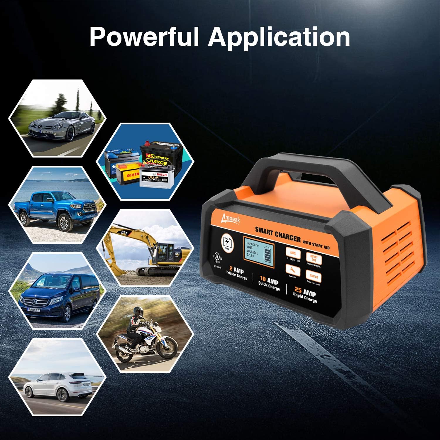 Ampeak 2/10/25A Smart Battery Charger/Maintainer 12V Fully Automatic with Engine Start: Automotive