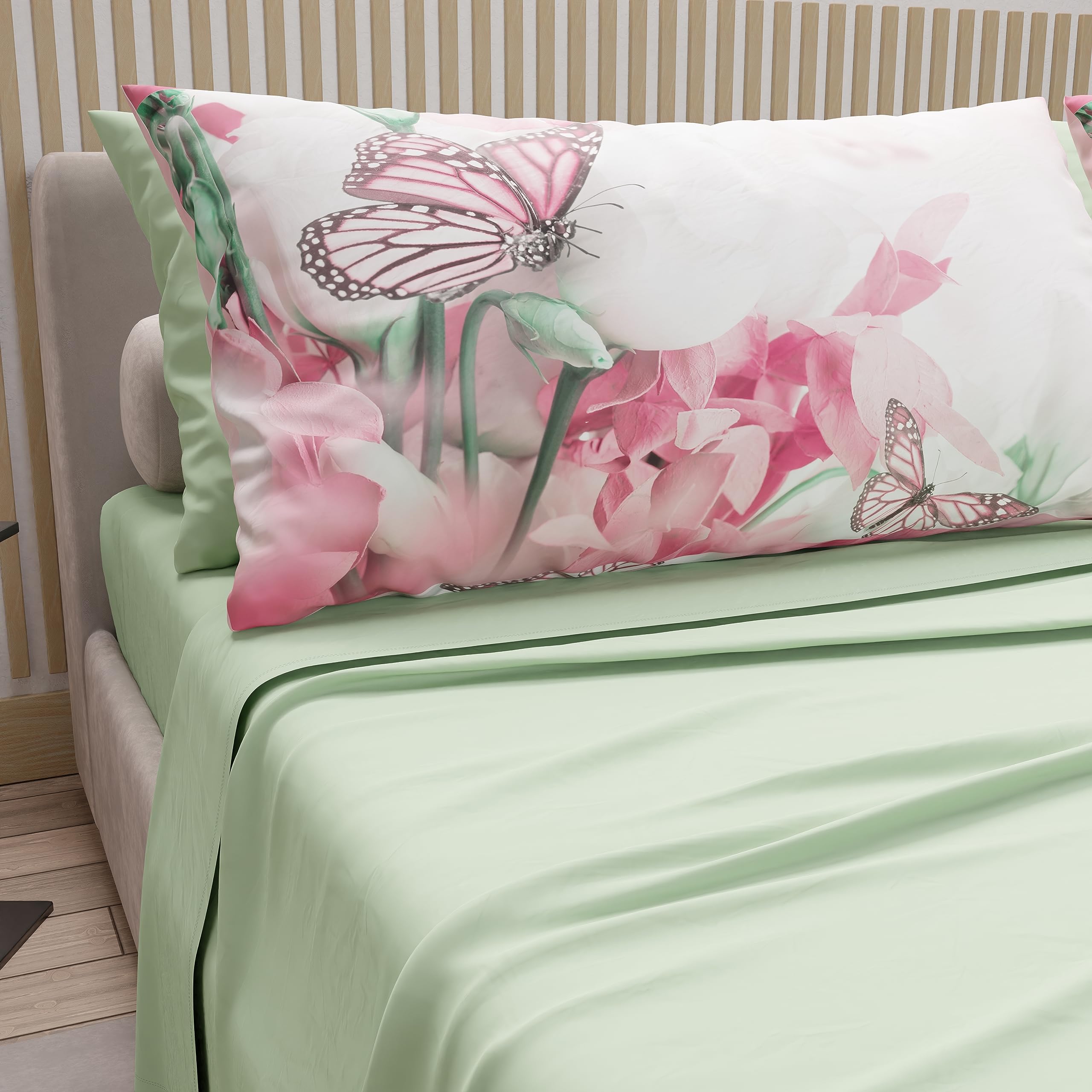 PETTI Artigiani Italiani - Cotton Sheets with Pillowcases in Digital Print, Double Bed Sheet, Sage Set, 100% Made in Italy