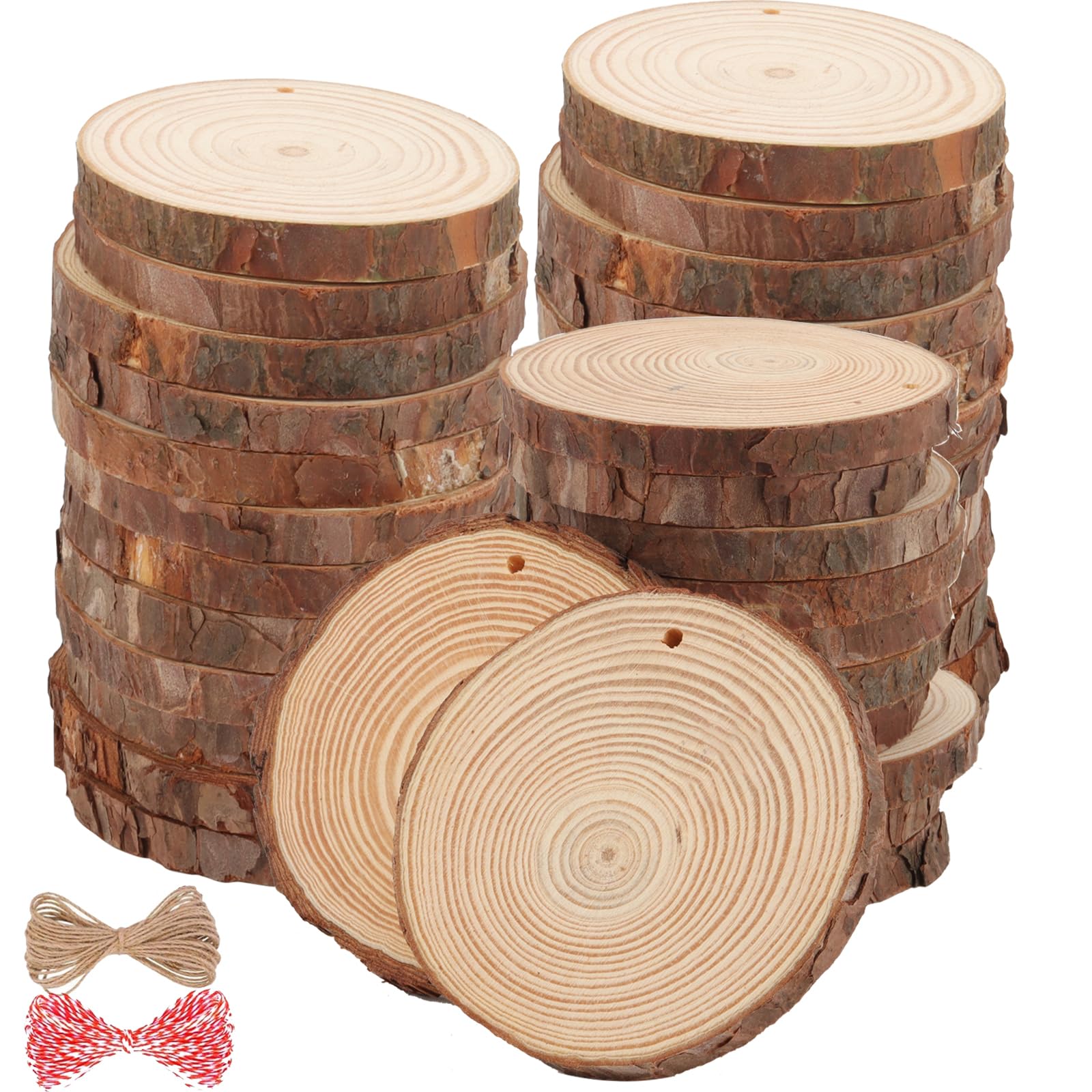 ZOENHOU 40 PCS 9-10cm Wood Slices with Drilled Holes, 3.5-4 Inch Predrilled Unfinished Natural Wooden Circles Log Slices with Hanging Rope for Crafts Art Painting Decorations Coaster Christmas