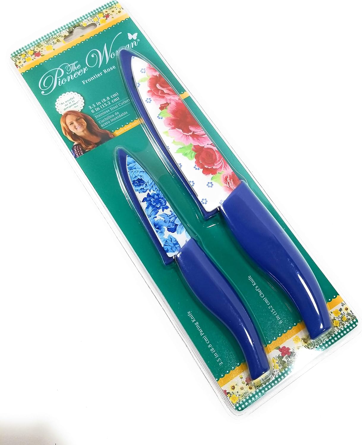 The Pioneer Woman 2 pc Frontier Rose Stainless Steel Cutlery Set including a Paring and Chef Knife with Sheaths