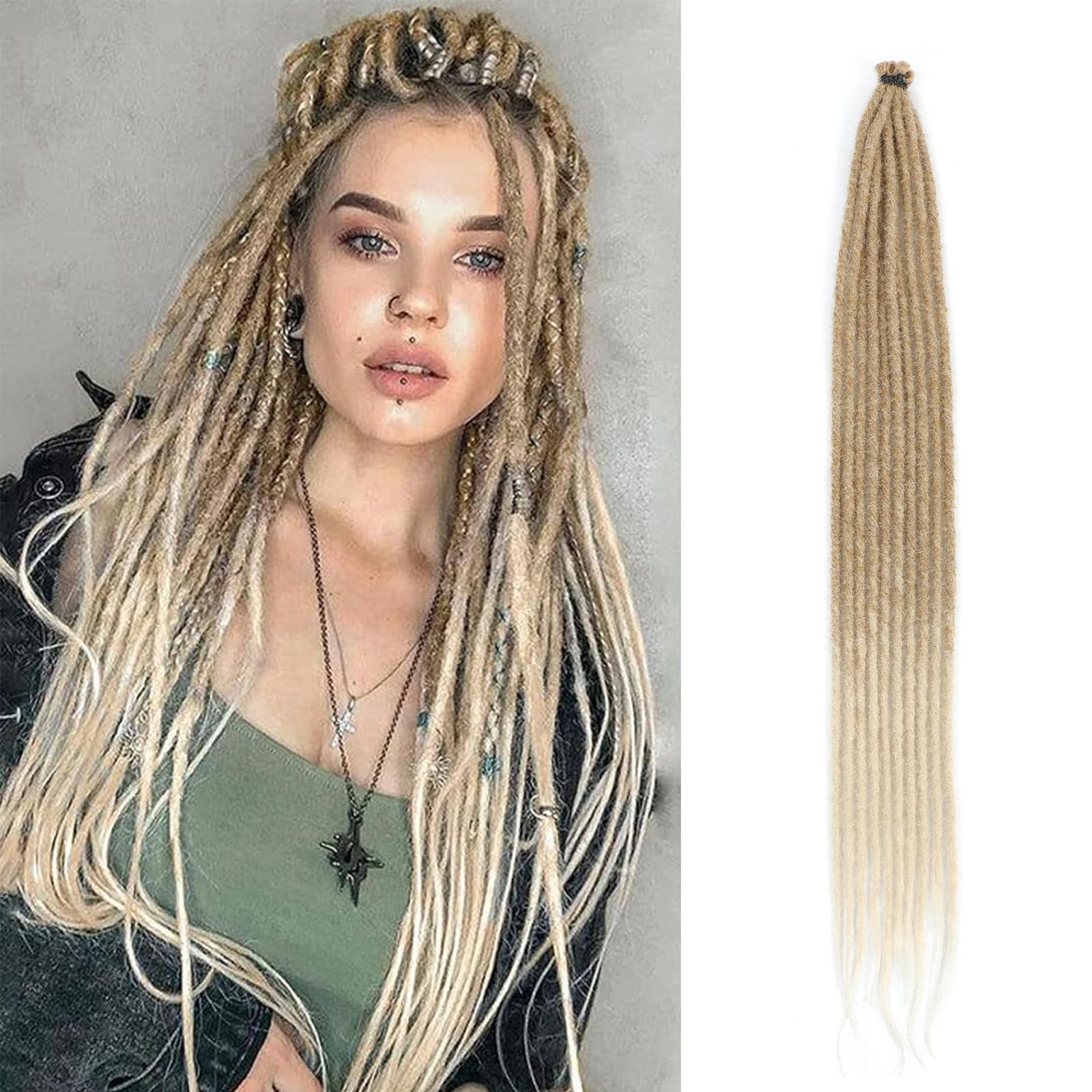 24 Inch Ombre Blonde Dreadlock Extension 10 Strands Hippie Single Ended Dreads Synthetic Thin Dreadlock for Woman Handmade Soft Dreads Hair Extensions(27/613, SE 10 Strands)