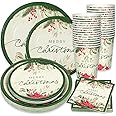 Whaline 24 Sets Christmas Holly Paper Plates Cups Napkins Party Decorations Poinsettia Mistletoe Disposable Plates Merry Christmas Tableware Set for Xmas Winter Holiday Wedding Birthday Party